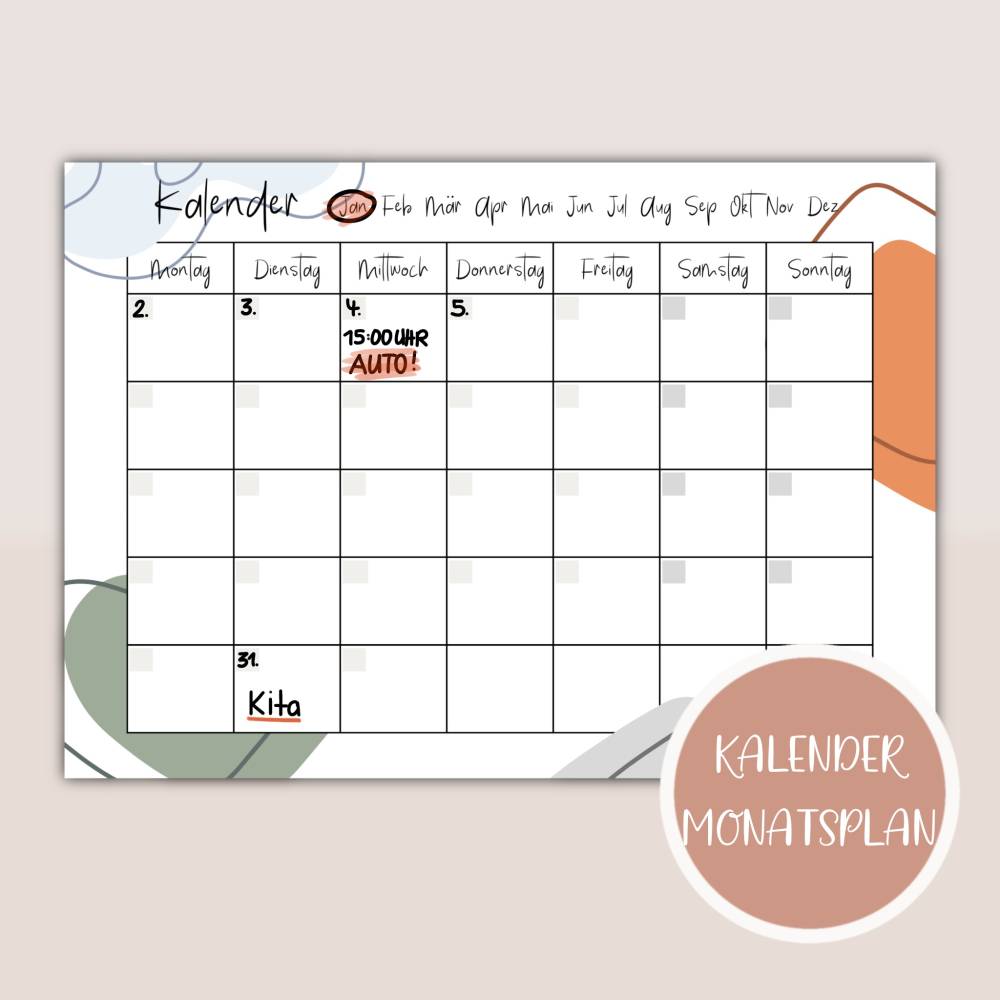 Kalender Monatsansicht, Monatsplaner zum Ausdrucken