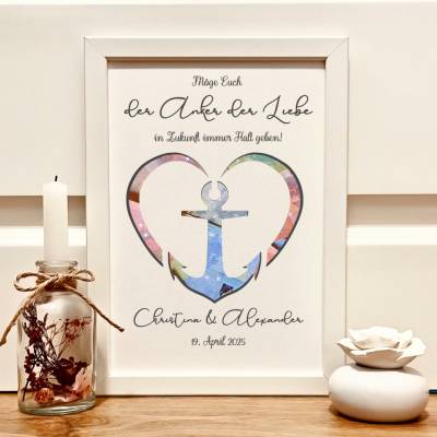 Maritimes Hochzeitsgeschenk personalisiert im Bilderrahmen – Geldgeschenk mit Anker der Liebe