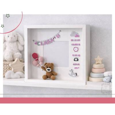 Personalisierter Bilderrahmen zur Geburt mit gehäkeltem Bär und Geburtsdaten Geschenk zur Taufe Baby Erinnerung