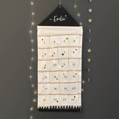 Adventskalender aus Stoff | mit Namen personalisiert | 24 Täschchen zum befüllen | Natur/Schwarz