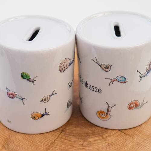 Spardose mit kleinen bunten Schnecken, "Gartenkasse", ein tolles Geschenk für alle Gartenfreunde, personalisierb