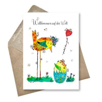 Karte zur Geburt - Glückwunschkarte Baby - Aquarell Vogelmama - Klappkarte DIN A6