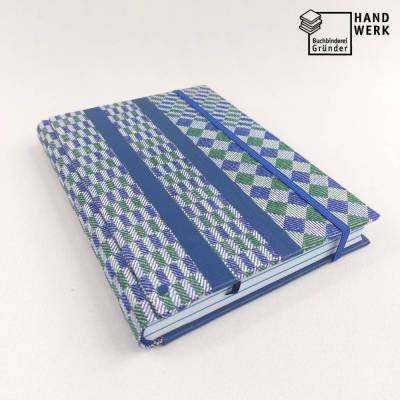 Notizbuch, Stiftschlaufe, blau grün weiß, DIN A5, 150 Blatt, Grubentuch Unikat