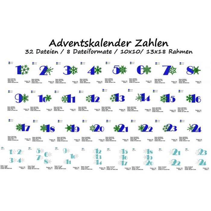 32 tlg. Stickdatei Zahlen Adventskalender Schneeflocken 10x10 Winter Weihnachten Advent Bild 1