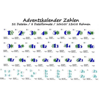 32 tlg. Stickdatei Zahlen Adventskalender Schneeflocken 10x10 Winter Weihnachten Advent