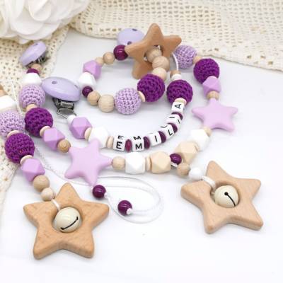 Set Kinderwagenkette Schnullerkette Greifling Sitzschalen Anhänger mit Name Mädchen Flieder