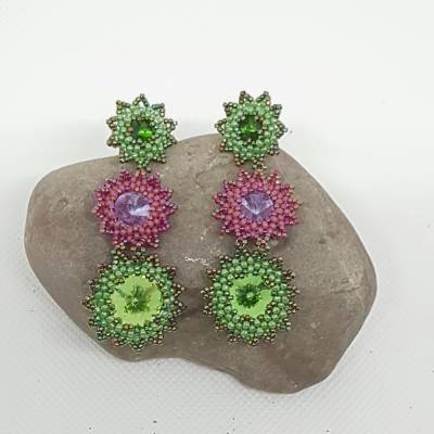Ohrstecker 3 Elemente | grün fuchsia | 7cm | Handarbeit | Geschenk