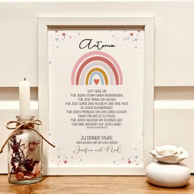 Taufgeschenk personalisiert Mädchen – Regenbogen Poster mit Namen & Bilderrahmen – Patenbrief & Taufe Andenken