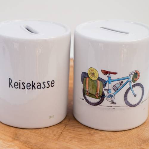 Spardose personalisiert Reisekasse Fahrrad | Keramik Sparschwein mit Namen | Geldgeschenk Reise Urlaub