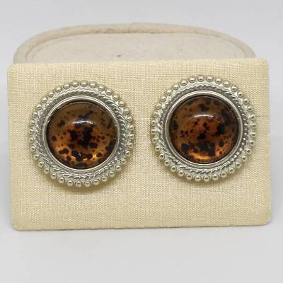leichte Vintage Ohrclips rund aus Kunststoff in Bernstein Optik - Damenohrclips Leoparden Muster