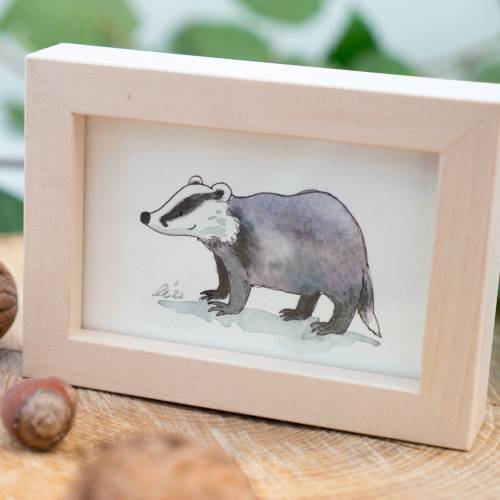 Dachs Bild im Miniholzrahmen, Original Zeichnung, Kinderzimmer-Bild, Wanddeko, niedliches Geschenk Illustration, Dekor