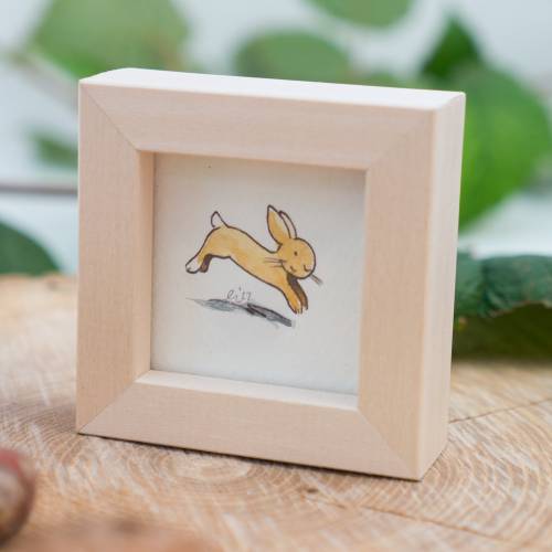kleiner Hase Bild im Miniholzrahmen, Original Zeichnung, Kinderzimmer-Bild, Wanddeko, niedliches Geschenk, Kinderwandkun
