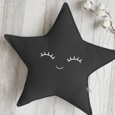 Sternkissen aus Musselin | Schwarz | mit Namen und Smiley personalisiert