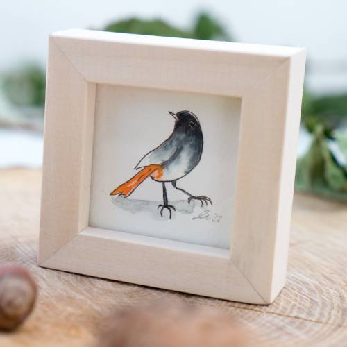 Hausrotschwanz Bild im Miniholzrahmen, Original Zeichnung, Kinderzimmer-Bild, Wanddeko, niedliches Geschenk, Kinderwandk