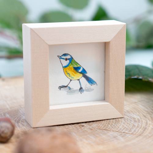 Blaumeise Bild im Miniholzrahmen, Original Zeichnung, Kinderzimmer-Bild, Wanddeko, niedliches Geschenk, Kinderwandkunst,