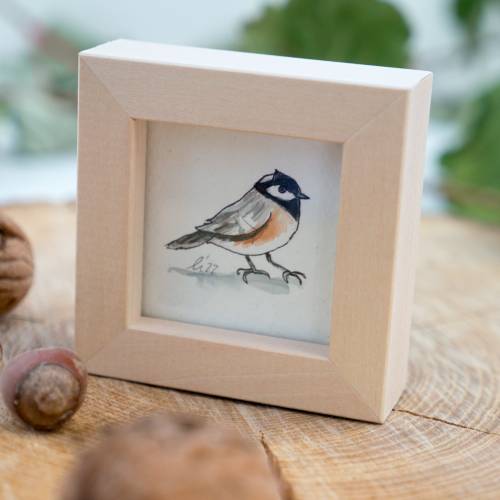 Tannenmeise Bild im Miniholzrahmen, Original Zeichnung, Kinderzimmer-Bild, Wanddeko, niedliches Geschenk, Kinderwandkuns