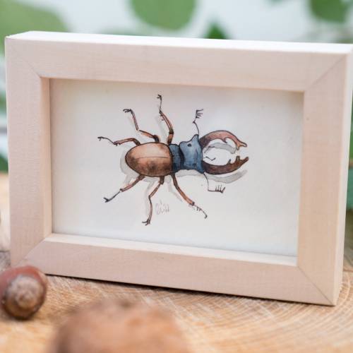 Hirschkäfer Bild im Miniholzrahmen, Original Zeichnung, Kinderzimmer-Bild, Wanddeko, niedliches Geschenk Illustration, D