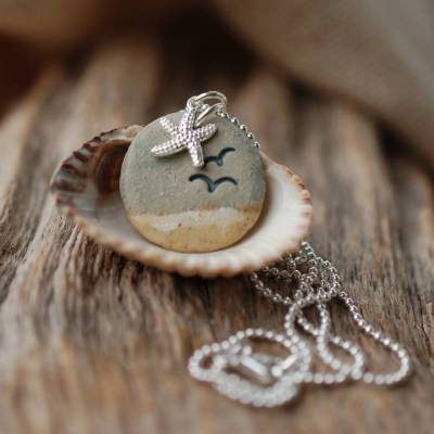 Silberkette Möwen und Seestern - maritimer Keramikschmuck von TonArts-Keramik