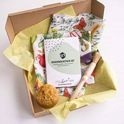 DIY-Box, zum Selbermachen von Bienenwachstüchern: Bio-Bauwollstoff, Pinsel, Bio-Bienenwachs