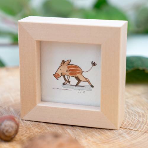 Wildschwein Bild im Miniholzrahmen, Original Zeichnung, Kinderzimmer-Bild, Wanddeko, niedliches Geschenk