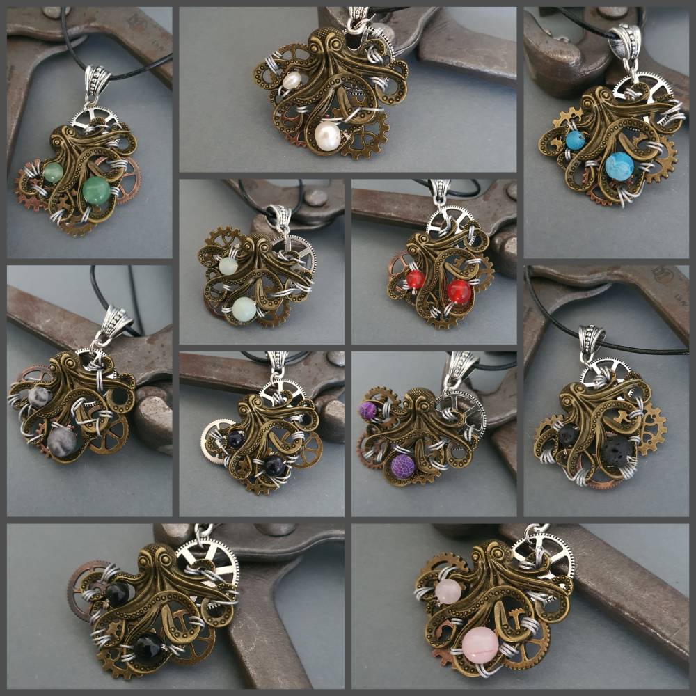 Steampunk Kraken Kette mit Zahnräder und Amazonit Perlen Draht/ Handgemachte Halskette