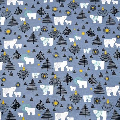 Jersey Baumwolljersey Stoff "Süße Eisbären im Wald" staubblau