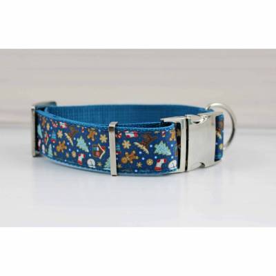 Hundehalsband mit Lebkuchen, Rentier, Weihnachten, dunkelblau, Lebkuchenhaus, Sterne, abstrakt, Gurtband in türkis