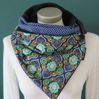 Wickelschal Dreieckstuch Schal mit Knopf Damen Fleece blau Blumen