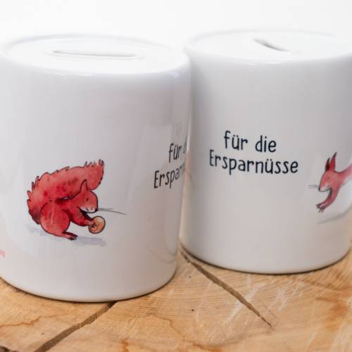 Spardose mit Eichhörnchen, "Ersparnüsse", ein tolles Geschenk für alle Sparer, personalisierbar