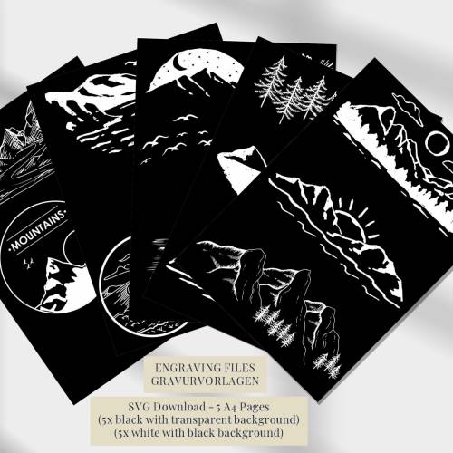 Landschaft Gravurvorlagen, Sofort Download, SVG Dateien zum Gravieren und Brandmalen, Berge Designs