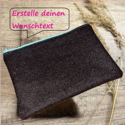 Personalisierte dunkelbraune Kosmetiktasche aus Wollstoff – Wunschtext & Farbwahl | Universaltäschchen mocha mousse