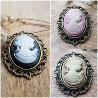 gold Brosche schwarz mit Kameen lila grün bronze Cameo pink Gemme rosa