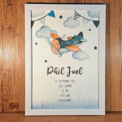 Flugzeug Geburtsdaten Poster, personalisierte Geburtstafel für Kinderzimmer, Baby Geburtsanzeige, Wanddeko Geburtsposter