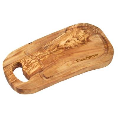 Steakbrett RUSTIKAL mit Grifflasche und Saftrille (L33-35 cm) aus Olivenholz
