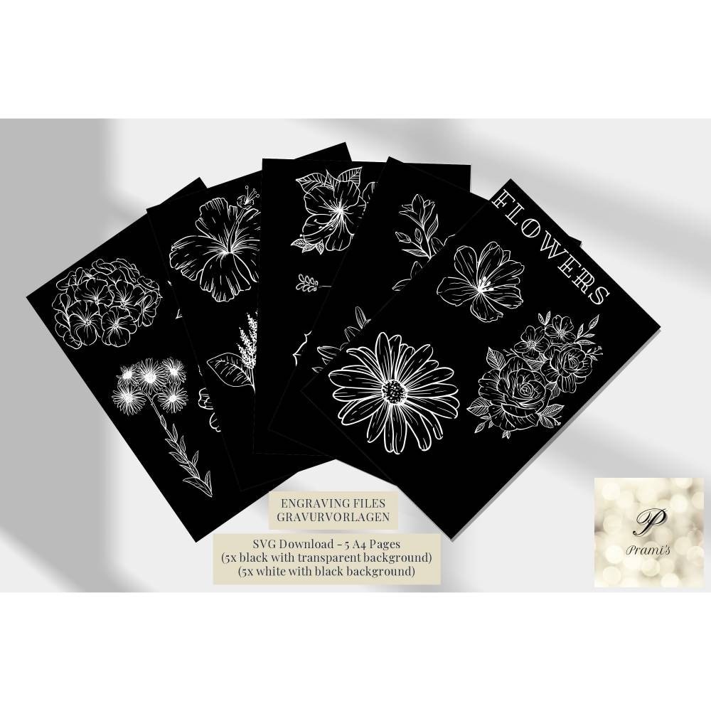 Blumen Gravurvorlagen, Sofort Download, SVG Dateien zum Gravieren und Brandmalen, Blumen Muster, Bild 1