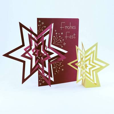 SVG Plotterdatei raffinierte Popup Weihnachtskarte plotten, Weihnachtsdekoration beleuchtbarer 3D Stern aus Papier