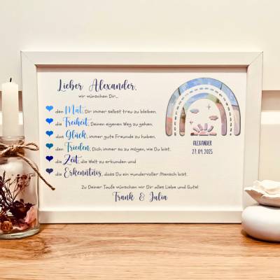 Taufgeschenk personalisiert Junge – Geldgeschenk & Bilderrahmen mit Name & Regenbogen