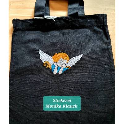 Kleine Stofftasche mit Engel Stickerei – Schwarze Baumwolltasche, 21 x 26 cm, Geschenkverpackung