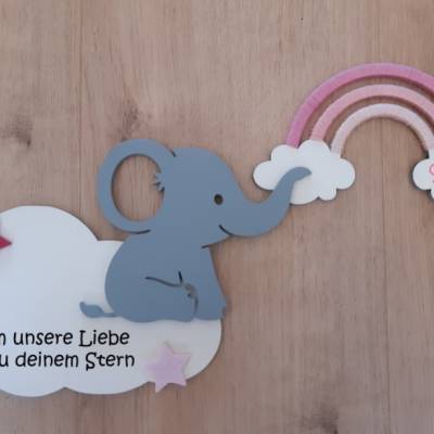 Geschenk zur Geburt/ Taufe oder für ein Sternenkind Wolke. Elefant, Regenbogen 3teiliges Set 
