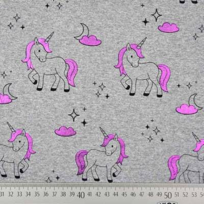 Reststück 1,20m Baumwolljersey Glitzer Einhorn lila grau – Kinderstoff für Mädchen Bekleidung
