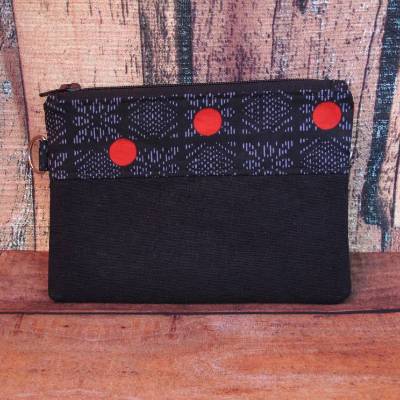 Kleingeldbörse, Universaltäschchen, afrikanischer Wax Print, Baumwolle, schwarz-rot, mit Ring