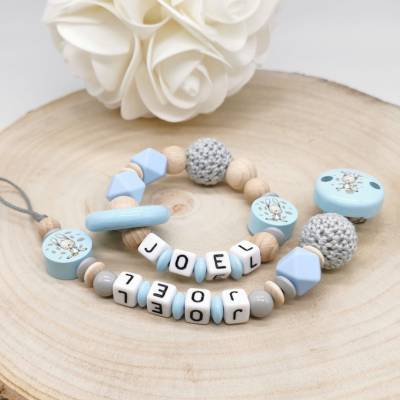 Set Schnullerkette Greifling Hase mit Name Junge Blau
