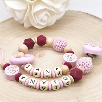 Set Schnullerkette Greifling Hase mit Name Mädchen Weinrot