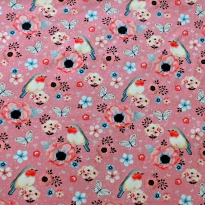 Jersey  Stoff  Stretchjersey  Rotkehlchen  Blumen  Schmetterlinge  Rosa