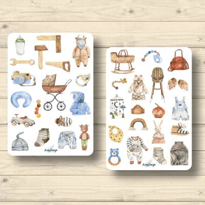 2x Sticker Sheets, Baby Holzspielzeug, ökologisch, Aufkleber Planner Stickers, Scrapbook Stickers