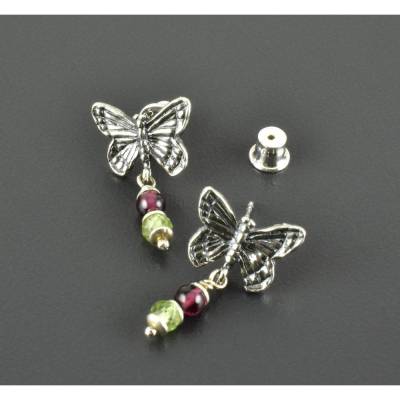 Ohrstecker Schmetterling mit Granat und Peridot, 925er Silber - Ohrringe Edelsteine Silberohrringe, Stecker, Ohrschmuck,