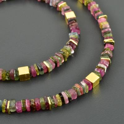 Turmalin-Collier, viereckige, quadratische Scheiben, vergoldetes 925er Sterling Silber, bunter Turmalin