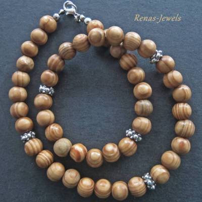 Männerkette Holzkette braun silberfarben Herren Kette Holzperlen Männer Kette