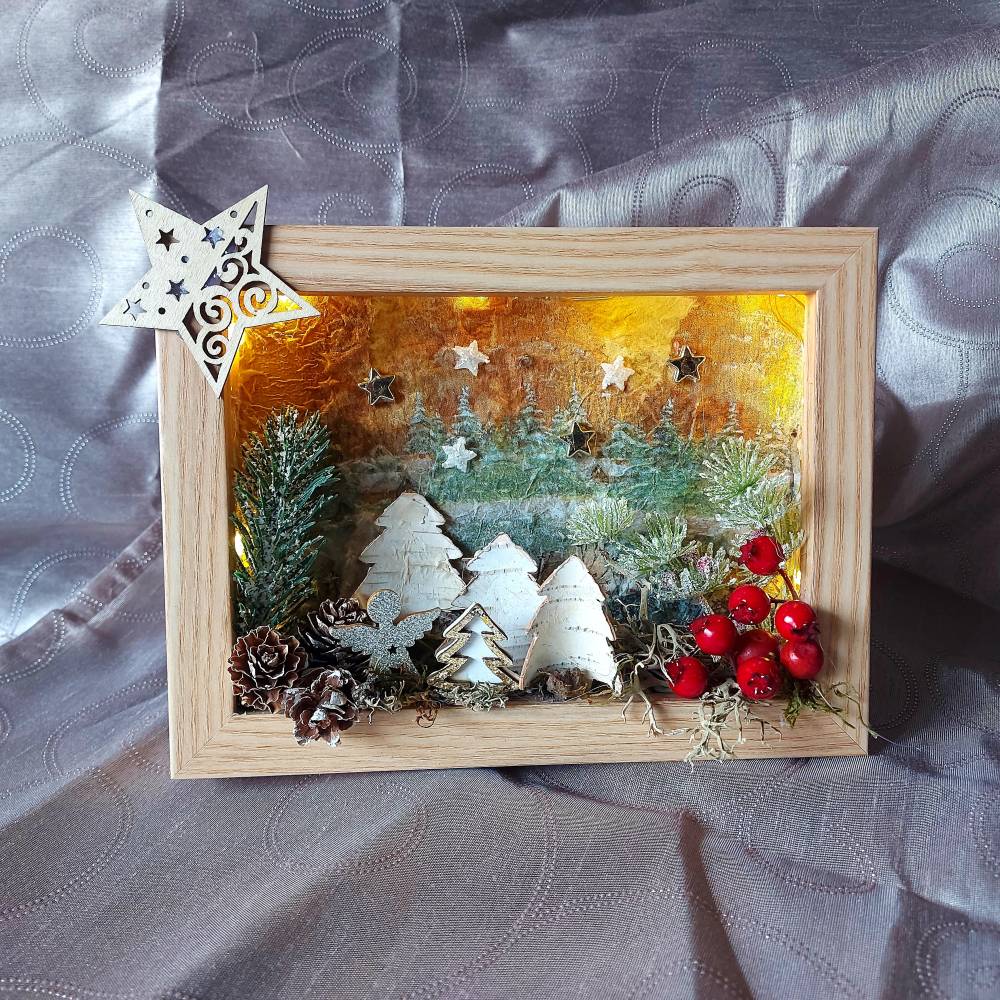 3D Weihnachtsbild mit Beleuchtung – Einzigartige Holzrahmen Dekoration