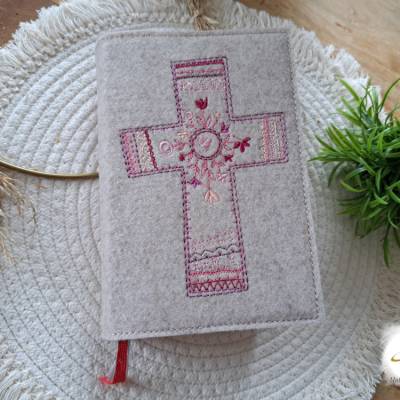 Gotteslobhülle Filz  Kommunion 2025 personalisierbar beige-meliert Kreuz Hippie pink
